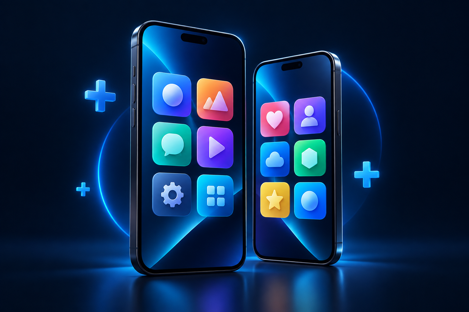 تصميم توضيحي لهواتف وتطبيقات رقمية بألوان مينا